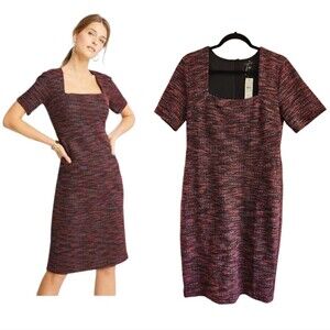 NEW ANN TAYLOR Red Tweed Square-Neck Zipper Knee Length Dress size 8